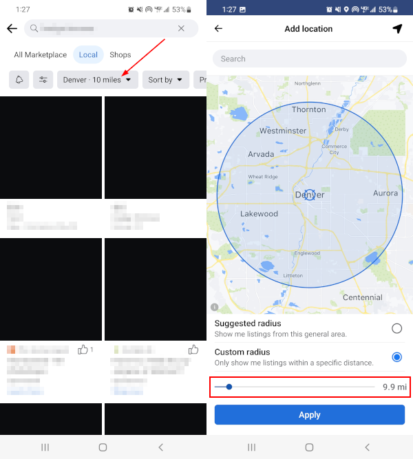 Facebook Mobile App Location Dropdown on Local Listings and Radius Slider on Change Location Screen in Marketplace