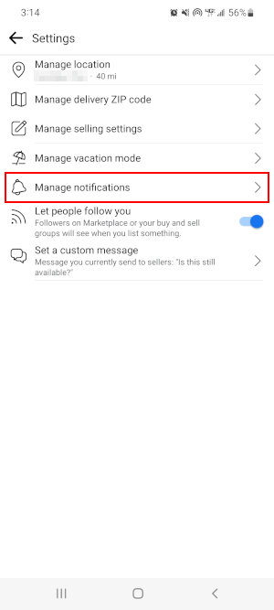 Facebook Mobile App Manage Notifications in Marketplace User Settings