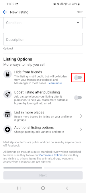 Facebook Mobile App Marketplace Hide from Friends Option on Create New Listing Screen