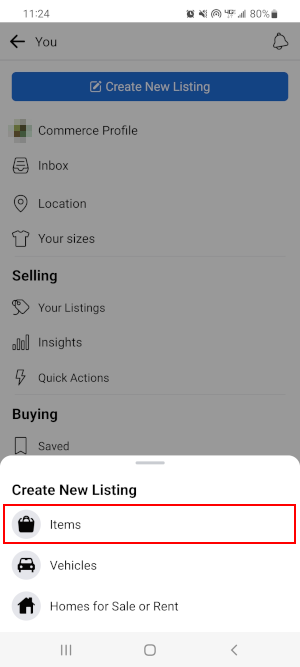 Facebook Mobile App Marketplace Items Listing Type in Create New Listing Menu