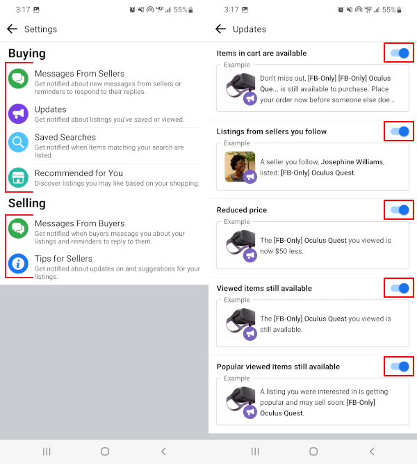 Facebook Mobile App Marketplace Notification Categories and Toggles on Updates Notifications Screen