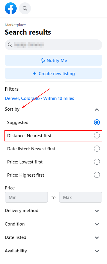 Facebook Web Distance Nearest First in Sort by Filter Menu in Lefmost Menu of Marketplace Search Results