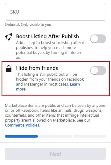 Facebook Web Hide from Friends Option in Create New Listing Menu