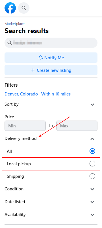 Facebook Web Local Pickup Under Delivery Method Filter in Leftmost Menu of Marketplace Search Results Page