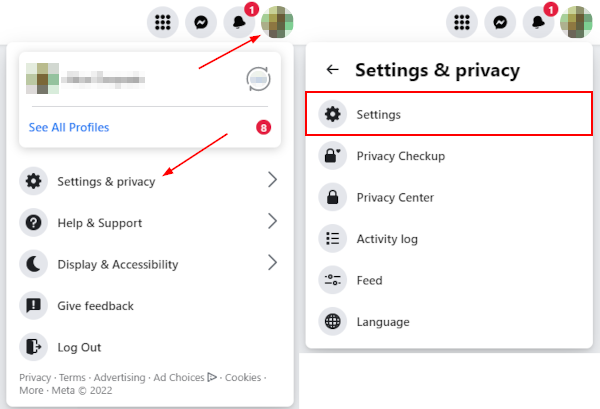 Facebook web configuration in Configuration and privacy in the Profile image menu