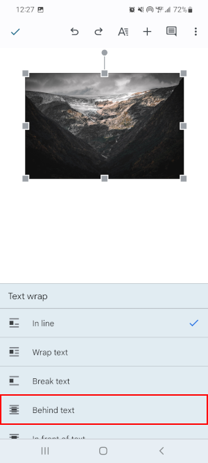 Google Docs Mobile App Behind Text in Text Wrap Menu