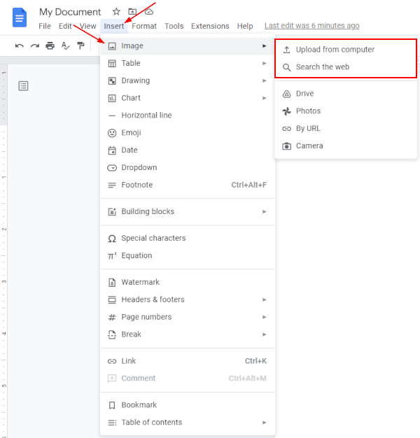 Google Docs Web Upload from Computer and Search the Web Options in Insert Image Menu