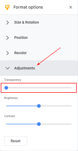 Google Slides Web Transparency Slider Under Adjustments in Format Options Panel
