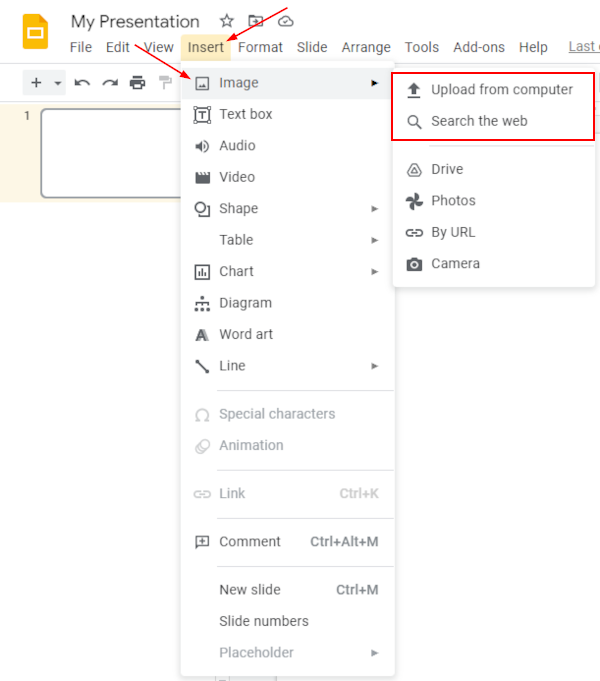 Google Slides Web Upload from Computer and Search the Web Options in Insert Image Menu