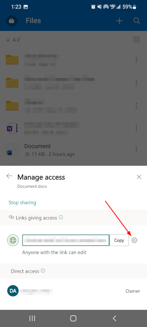 OneDrive Mobile App Gear Icon Next to Shared Link in Manage Access Window
