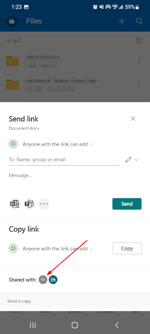 OneDrive Mobile App Link Icon to Right of Shared With in Send Link Window
