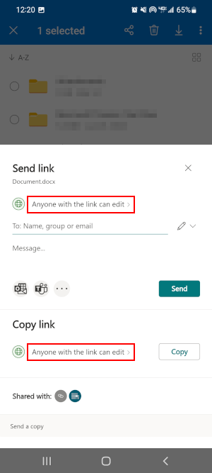 OneDrive Mobile App Link Settings Link in Send Link Window