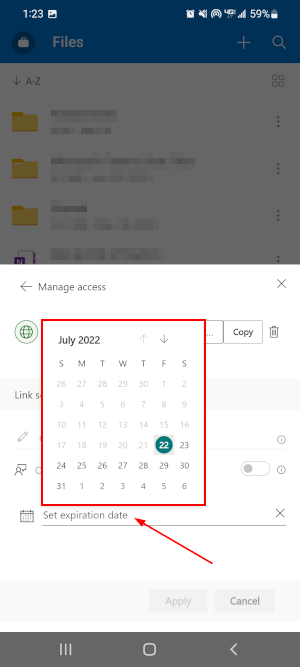 OneDrive Mobile App Set Expiration Date Field with Calendar Expanded in Manage Access Link Settings