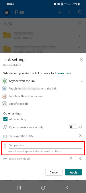 OneDrive Mobile App Set Password Field in Link Settings