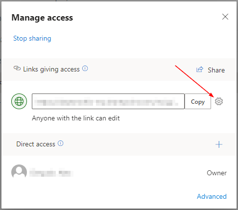 OneDrive Web Gear Icon Next to Shared Link in Manage Access Window