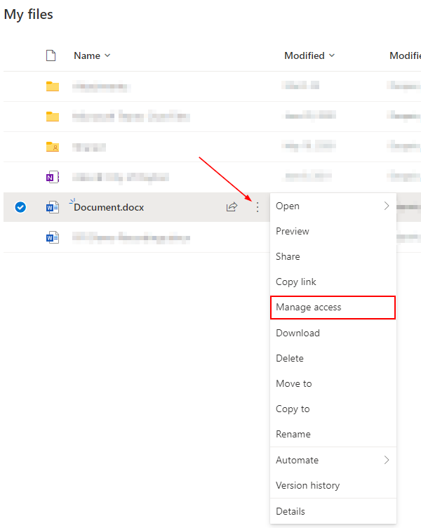 OneDrive Web Manage Access in File Ellipsis Menu