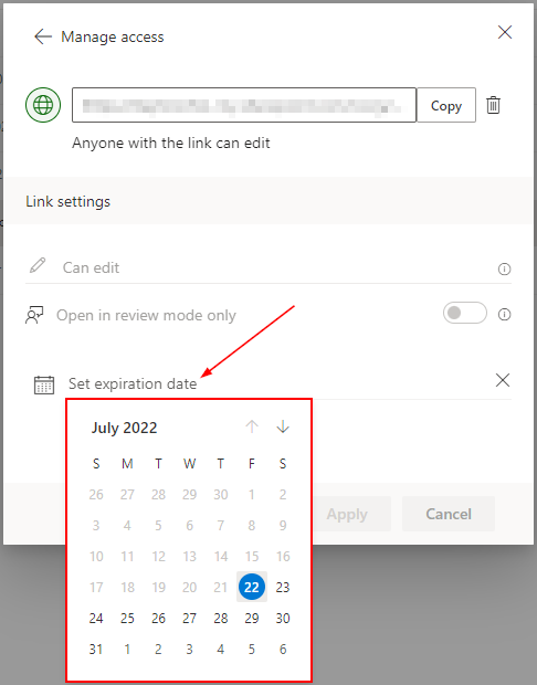 OneDrive Web Set Expiration Date Field with Calendar Expanded in Manage Access Link Settings