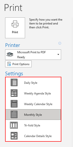 Outlook 365 Calendar Print Style Menu on Print Preview Page