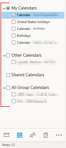 Outlook 365 Calendars List on Calendar Page