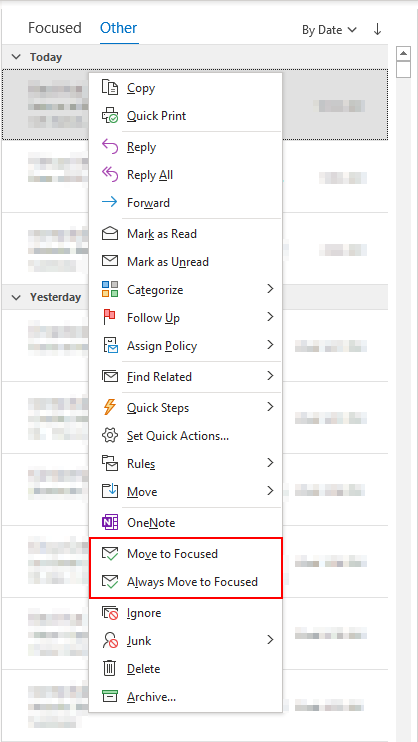 Outlook 365 Desktop Client Move to Focused Inbox in Email Right Click Menu