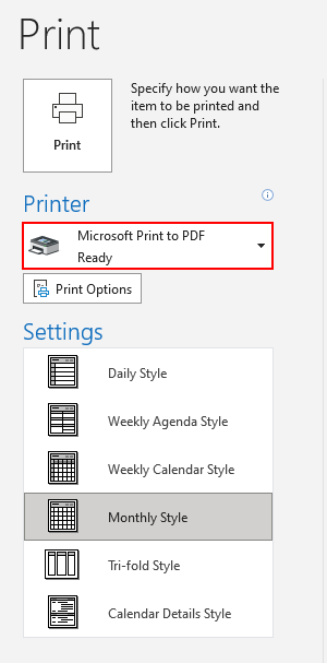 Outlook 365 Microsoft Print to PDF as Selected Printer on Print Preview Page