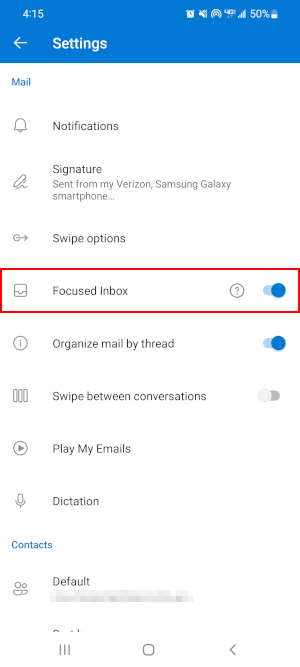 Outlook 365 Mobile App Focused Inbox in Settings