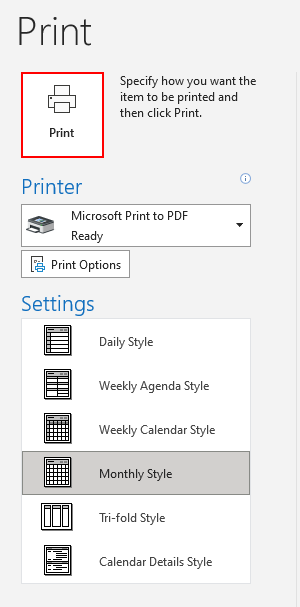 Outlook 365 Print Button on Print Preview Page