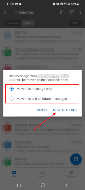 Outlook Mobile App Move This Email or All Emails to Focused Inbox Prompt