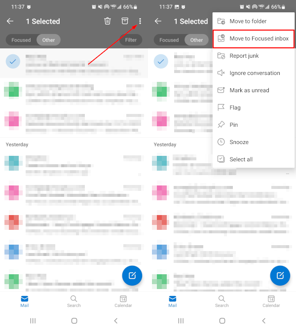 Outlook Mobile App Move to Focused Inbox in Ellipsis Menu