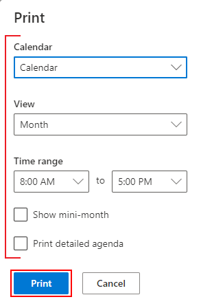 Outlook for the Web Calendar Print Options in Print Preview Window