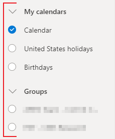 Outlook for the Web Calendars List on Calendar Page