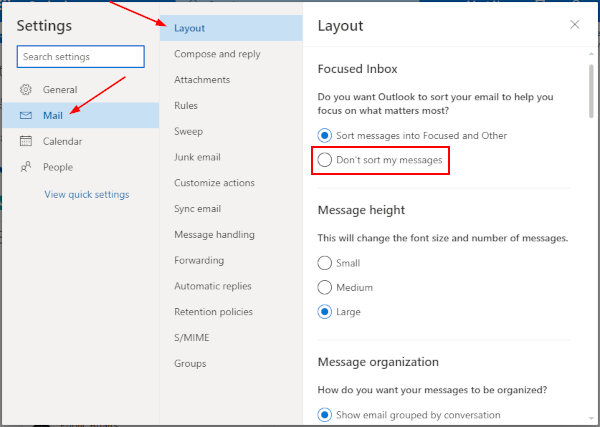 Outlook for the Web Dont Sort My Messages Under Focused Inbox in Settings