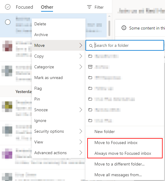 Outlook for the Web Move to Focused Inbox in Email Right Click Menu