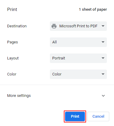 Print Button in Google Chrome Print Preview Page