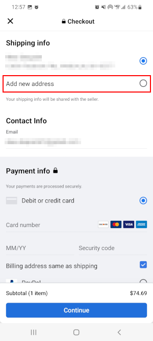 Facebook Mobile App Add New Address Below Shipping Info on Checkout Screen