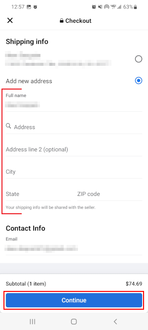Facebook Mobile App Fields and Continue Button on New Shipping Address Checkout Screen