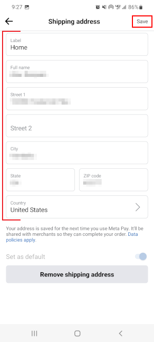 Facebook Mobile App Fields and Save Button on Edit Shipping Address Screen