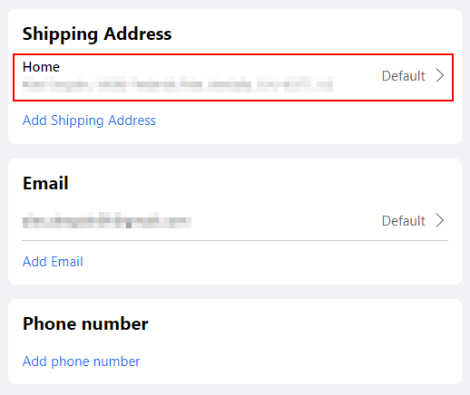 Facebook Web Current Shipping Address Under Shipping Address in Meta Pay Settings