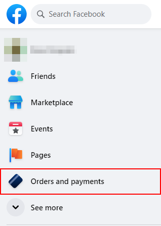 Facebook Web Orders and Payments in Leftmost Menu