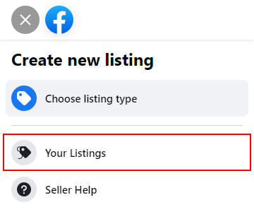 Facebook Web Your Listings in Leftmost Menu on Create New Listing Page