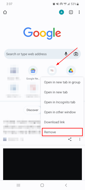 Google Chrome Mobile App Remove in Site Shortcut Thumbnail Longpress Menu