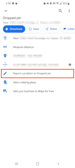 Google Maps Mobile App Report a Problem on Dropped Pin in Swipe up Menu
