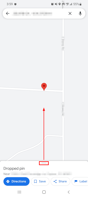 Google Maps Mobile App Swipe Up Handle Above Dropped Pin Label