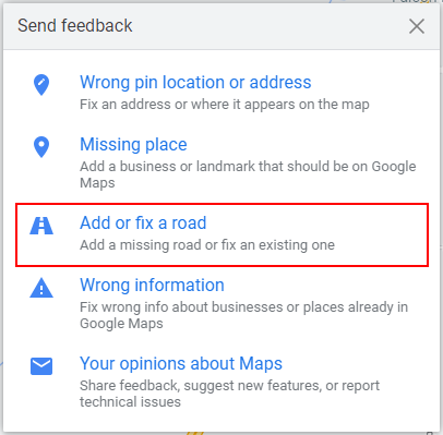 Google Maps Web Add or Fix a Road in Send Feedback Window