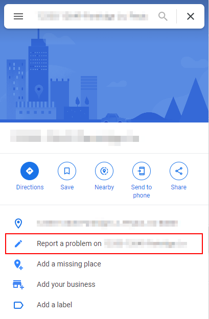 Google Maps Web Report a Problem on Dropped Pin in Left Menu