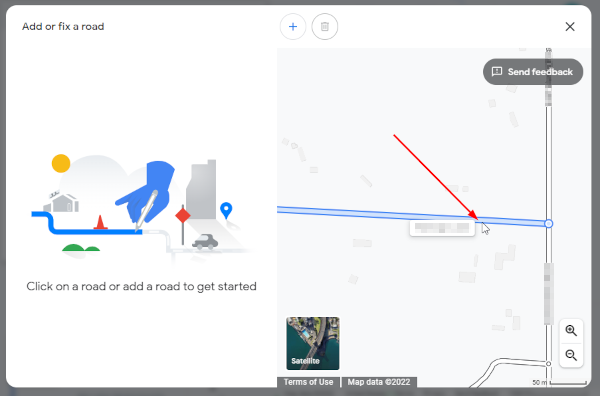 Google Maps Web Road Highlighted on Map in Add or Fix Road Window