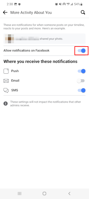 Facebook Mobile App More Activity About You Toggle Icon in Notification Settings