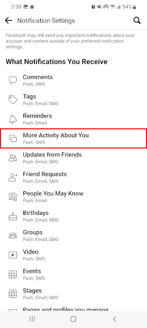 Facebook Mobile App More Activity About You in Notification Settings