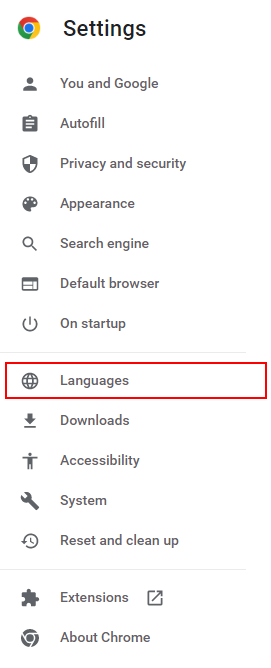 Google Chrome Languages in Leftmost Menu of Settings