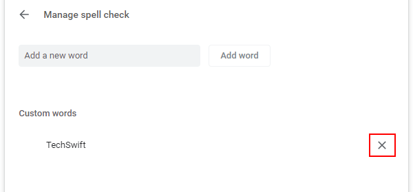 Google Chrome X Next to Word in Spelling Dictionary